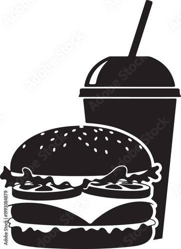 Black silhouette of a hamburger and a drink with a straw soda beverage d