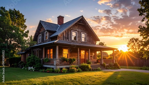 Cozy Home Exterior at Sunset with Porch.