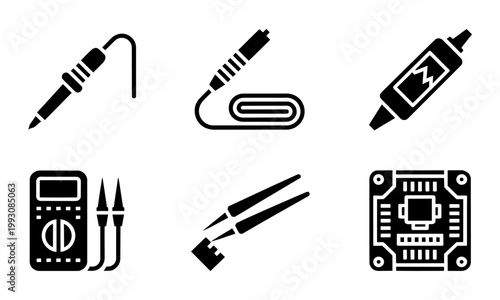 Black and white icons of electronic tools and components for circuit board assembly and repair on white background