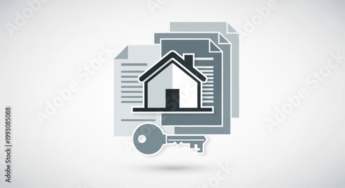 Real estate documents and house key icon.