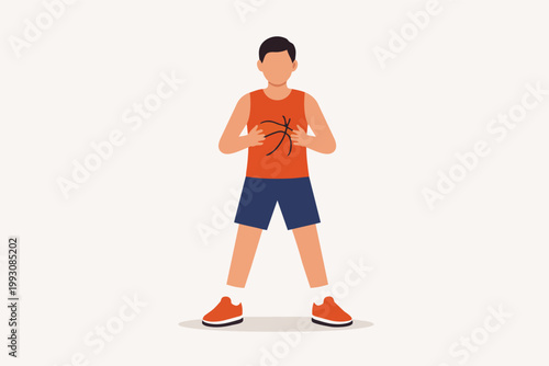 Young boy playing basketball, an athlete holding ball ready for training and sport