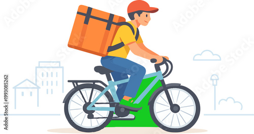 Delivery rider on bicycle transporting food or goods in urban city environment