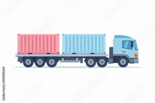 Delivery truck transporting two shipping containers, cargo logistics and global freight