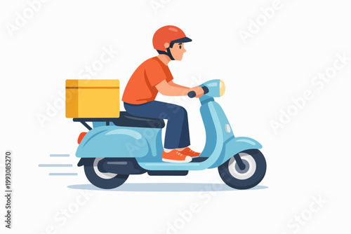 Courier riding scooter delivering package, shipping service, fast dispatch logistics