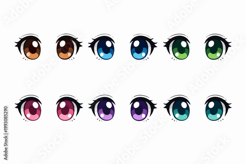 Vibrant anime manga eyes collection with diverse colors and shiny pupils