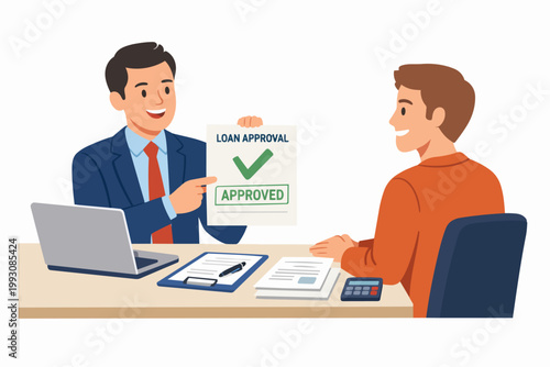 Loan approval process for financial success, bank officer showing approved document to client