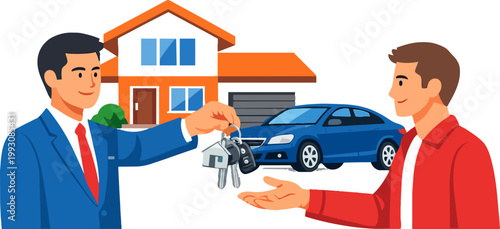 Real estate agent handing a new house and car keys to a happy buyer