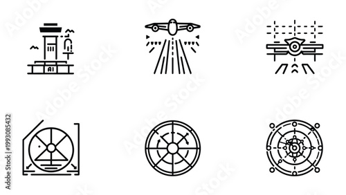 Aviation Icons: A collection of meticulously crafted, minimalist aviation icons depicting various aspects of flight, navigation, and air travel.