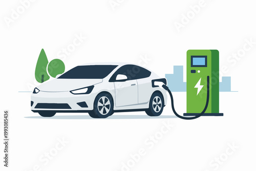 Electric vehicle charging at green station, promoting sustainable city transport