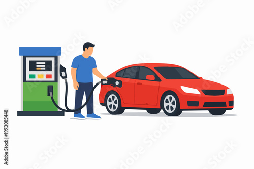 Man filling a red car with gasoline, showing the process of refueling a vehicle