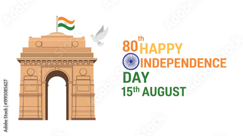 India independence day 80th celebration on 15th august with tricolor theme, representing patriotism, freedom and national unity concept.