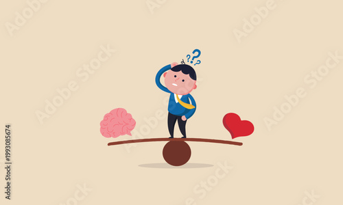 Man balancing logic and emotion on a scale feeling confused