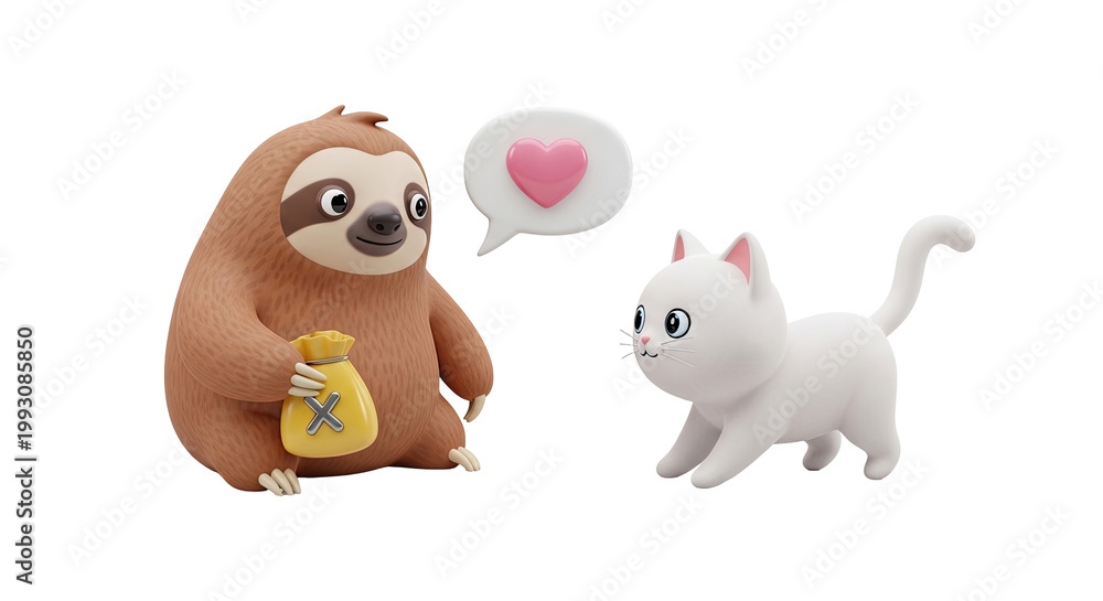 Fototapeta premium Cute 3D Sloth with Money Bag and White Cat with Heart Bubble
