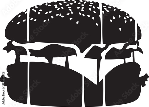 Black and white of a layered hamburger food fast food desi