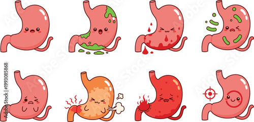 Cute Cartoon Stomach Disease and Digestive Problem Vector Illustration Set Featuring Acid Reflux Infection Bleeding Inflammation and Pain Expressions for Medical Health Education Design