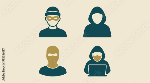 Set of anonymous crime, hacker, and cybercrime icons in flat design