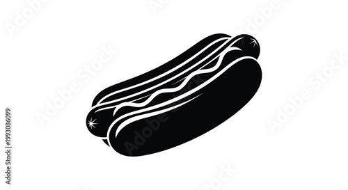 A striking black silhouette of a hotdog with visible condiments and bun silhouette