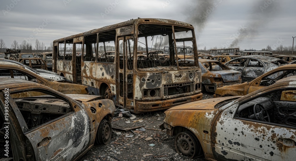 Fototapeta premium Destroyed Bus and Cars in War Zone Aftermath.