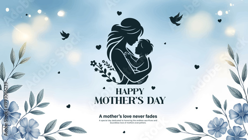 Happy Mothers Day Elegant Floral Card Design, Mother And Child Love Silhouette Background, Beautiful Mothers Day Greeting With Flowers, Soft Blue Floral Mothers Day Banner Template
