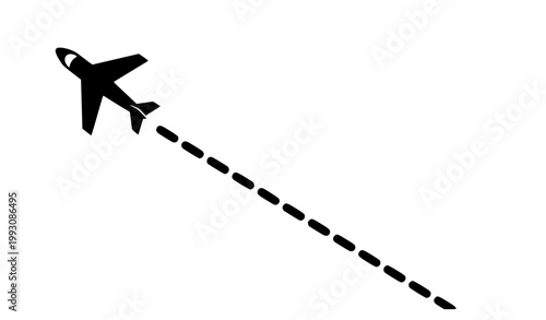 Airplane with Straight Dashed Flight Path Black and White Minimal Aviation Vector Design