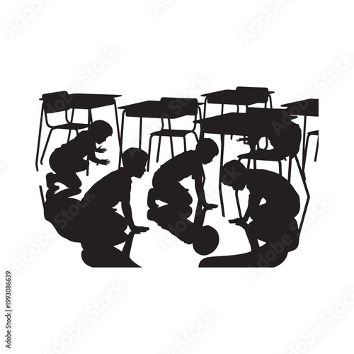 Black silhouette of children playing under school desks indoors