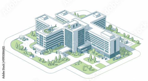 Modern Hospital Complex Aerial View with Helipad
