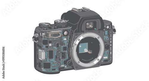 Deconstructed Digital Camera Internal Components Illustration