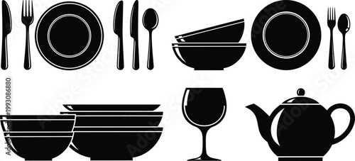 Elegant black and white tableware collection plates bowls cutlery and serving pieces