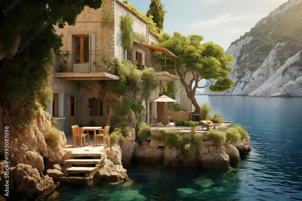 Naklejka premium Charming building nestled on a rocky coast, featuring terraces overlooking tranquil sea and distant mountains