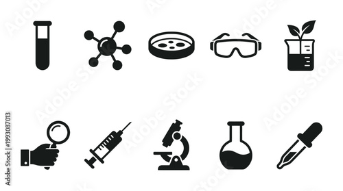 Comprehensive laboratory equipment icon set featuring test tubes molecules petri dishes safety goggles plants in beakers syringes microscopes and glass