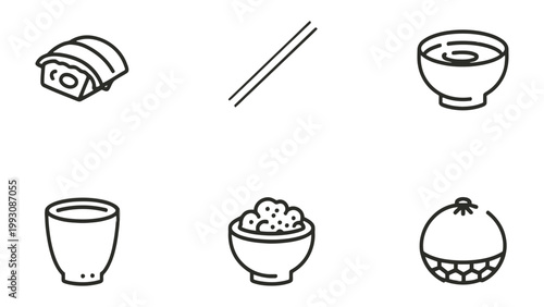 A Culinary Ensemble: An overhead shot captures a minimalist arrangement of Japanese culinary staples, inviting viewers to savor the simplicity of each ingredient.