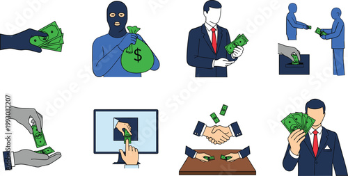 Money Corruption Bribery and Financial Crime Vector Illustration Set Featuring Thief Businessman Cash Transfer Handshake Fraud and Online Scam Concept for Crime and Justice Design