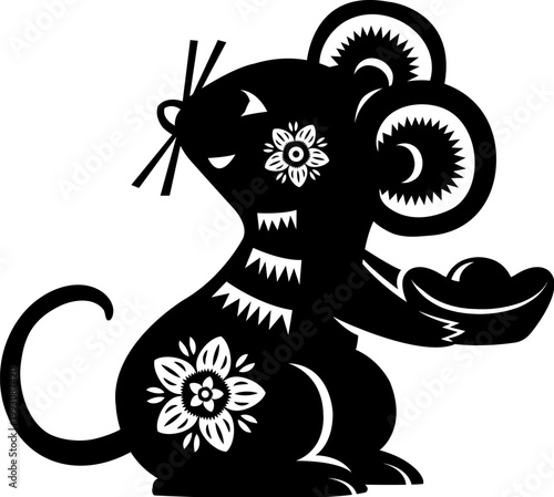 Paper cut mouse holding gold ingot