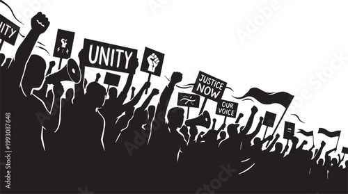 Protest crowd silhouette with unity banners justice now signs and raised fists in flat vector.