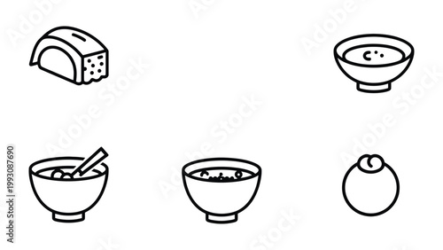Food Icons Collection: A minimalist illustration showcasing a collection of food icons. Featuring a bread, soup bowl, and a blueberry. Simple design, perfect for culinary and dietary themed projects.