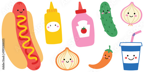 Fun cartoon vector set of hot dog and classic condiments: mustard, ketchup, pickle, onion, soda.