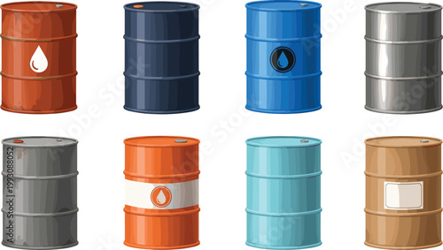 Colorful Metal Oil Barrel and Fuel Drum Vector Illustration Set Featuring Various Industrial Chemical Storage Containers in Multiple Colors for Energy and Petroleum Concept Design