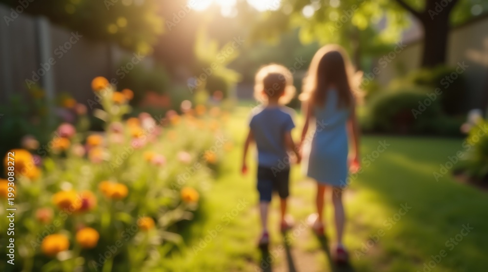 Obraz premium Children play in the summer sunny garden 