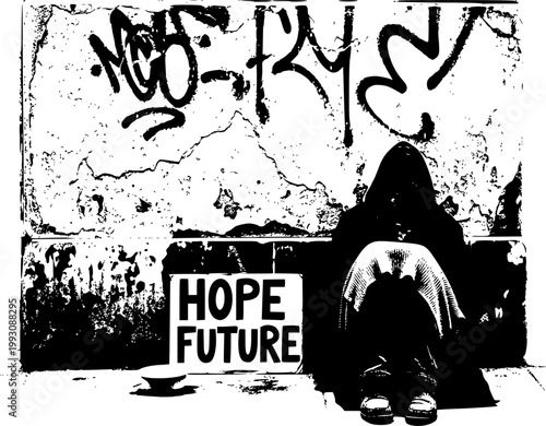 Urban Poverty Silhouette: Person on Sidewalk with Hope Sign Vector, Homelessness and Social Welfare Concept Icon