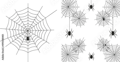 Spider Web Icon Set Featuring Cobweb Designs with Spiders in Outline Style for Halloween Decoration, Horror Theme, Creepy Elements, and Dark Illustration Projects