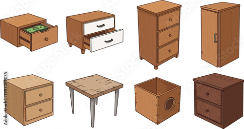 Wooden Furniture and Cabinet Vector Illustration Set Featuring Drawer Nightstand Dresser Table and Storage Box in Various Brown Wood Designs for Home Interior Concept