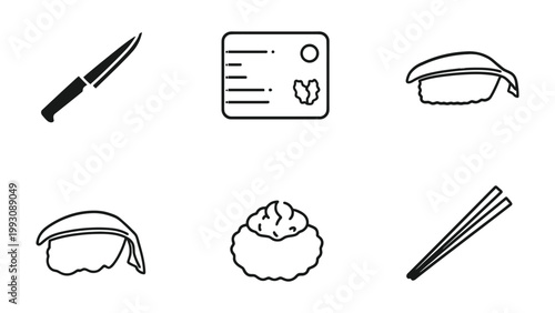 Sushi Set Icon: A comprehensive set of sushi-themed icons, artfully capturing the essential elements of Japanese cuisine and dining culture. 