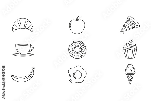 Collection of breakfast and snack food icons featuring a croissant apple pizza slice coffee cup donut cupcake banana fried egg and ice cream cone