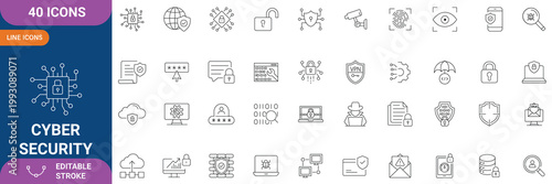 Cyber Security Icon Set. Containing Data Protection, Network Security, Privacy, Encryption, Firewall, Hacking, Malware, Antivirus, Secure Access and etc. Line Icon. Editable Stroke. Vector file