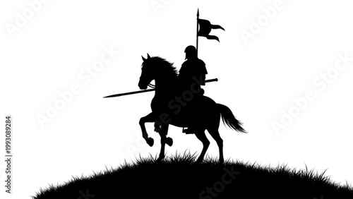 Knight Silhouette Riding Horse with Flag