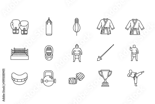 Collection of diverse martial arts and combat sports line art icons representing various disciplines and equipment