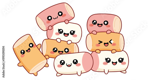 Cute cartoon marshmallows with happy faces stacked together.