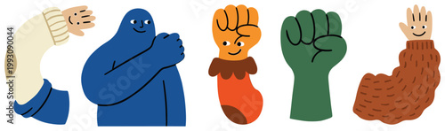 Creative abstract vector illustration of diverse hands and arms expressing friendship, support, and collective action.