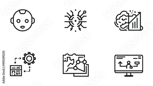 AI Icon Set: A collection of concise digital illustrations that visually represent various elements within the domain of artificial intelligence, designed with a modern aesthetic.