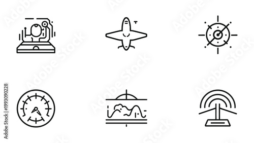 Aviation and Navigation Icons: A collection of meticulously crafted, minimalist icons, including airplane, radar, and control panel. Representing the essential elements of flight and navigation.